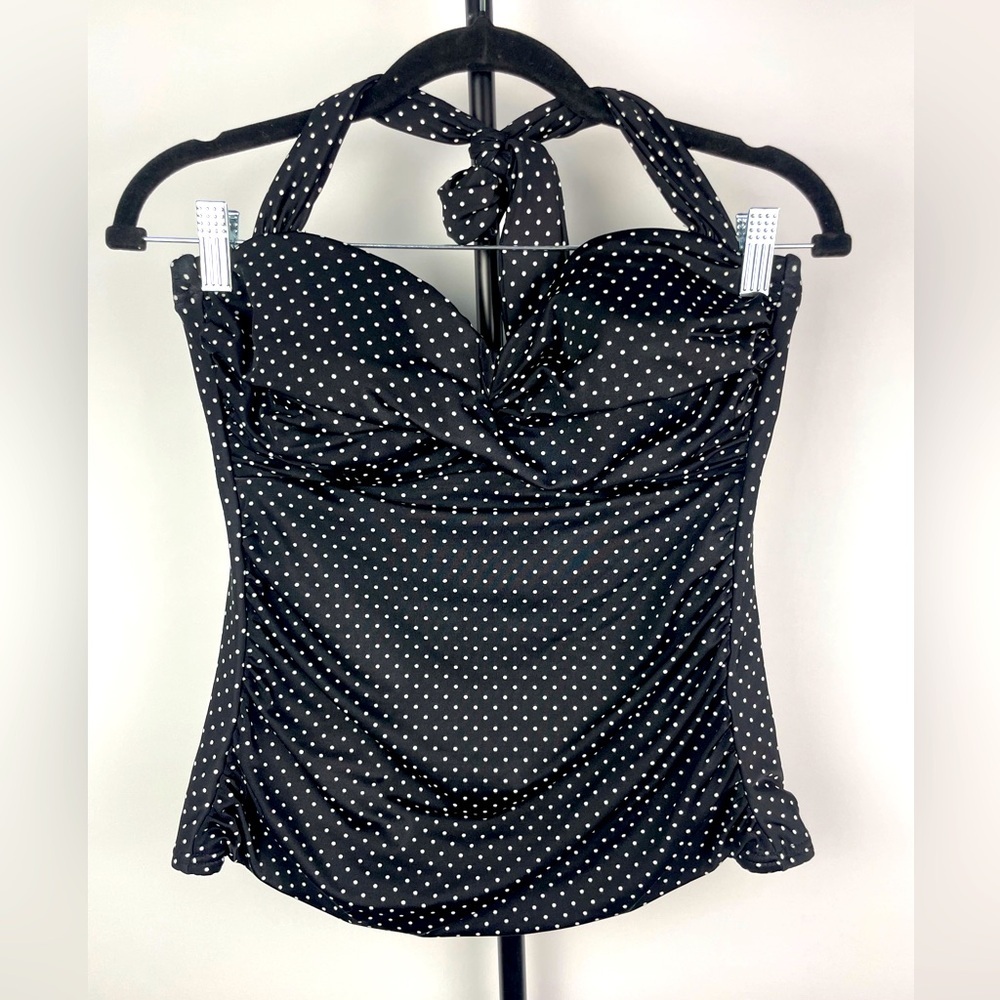 Miraclesuit Black White‎ Polka Dot Retro Ruched Side Seams Tankini Swimsuit Top